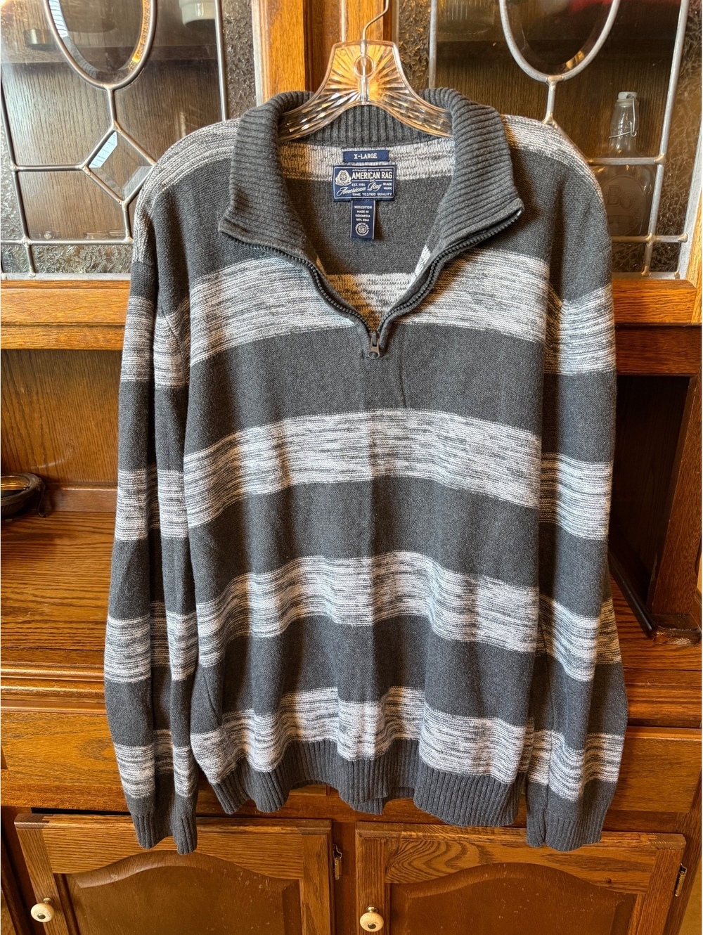 American Rag Men's 1/4 Zip Sweater XL Gray Striped Cotton Knit - Picture 1 of 5